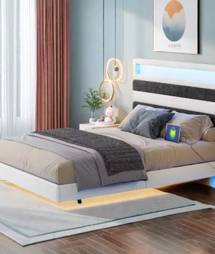 Tweepersoonsbed 160x200 cm met Verlichting, Gestoffeerd Hoofdbord en Opberglades