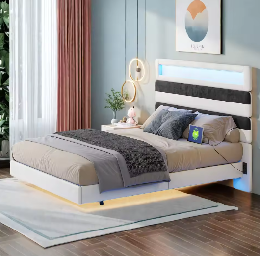 Tweepersoonsbed 160x200 cm met Verlichting, Gestoffeerd Hoofdbord en Opberglades
