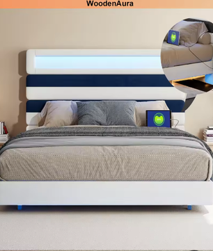 Tweepersoonsbed 160x200 cm met Verlichting, Gestoffeerd Hoofdbord en Opberglades