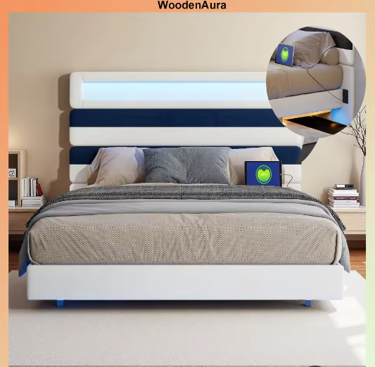 Tweepersoonsbed 160x200 cm met Verlichting, Gestoffeerd Hoofdbord en Opberglades