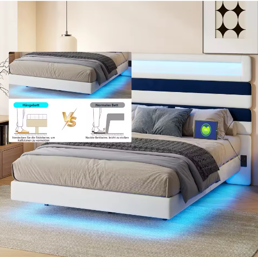 Tweepersoonsbed 160x200 cm met Verlichting, Gestoffeerd Hoofdbord en Opberglades