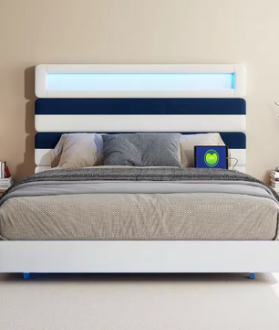 Tweepersoonsbed 160x200 cm met Verlichting, Gestoffeerd Hoofdbord en Opberglades