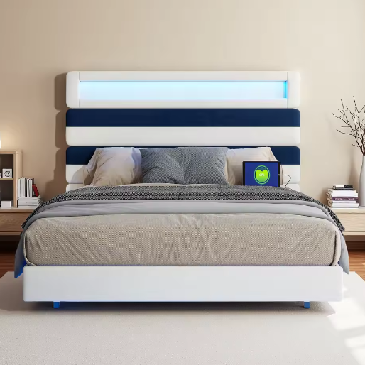 Tweepersoonsbed 160x200 cm met Verlichting, Gestoffeerd Hoofdbord en Opberglades