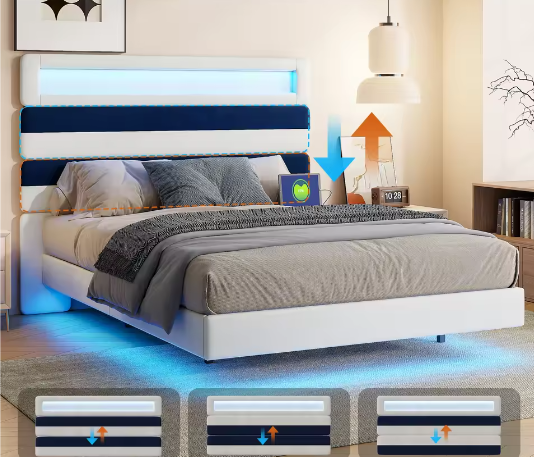 Tweepersoonsbed 160x200 cm met Verlichting, Gestoffeerd Hoofdbord en Opberglades