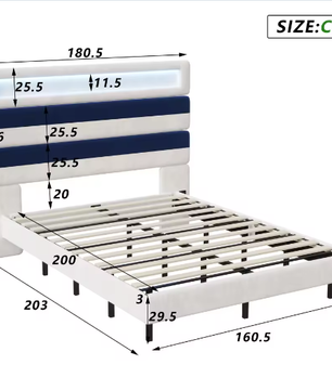 Tweepersoonsbed 160x200 cm met Verlichting, Gestoffeerd Hoofdbord en Opberglades