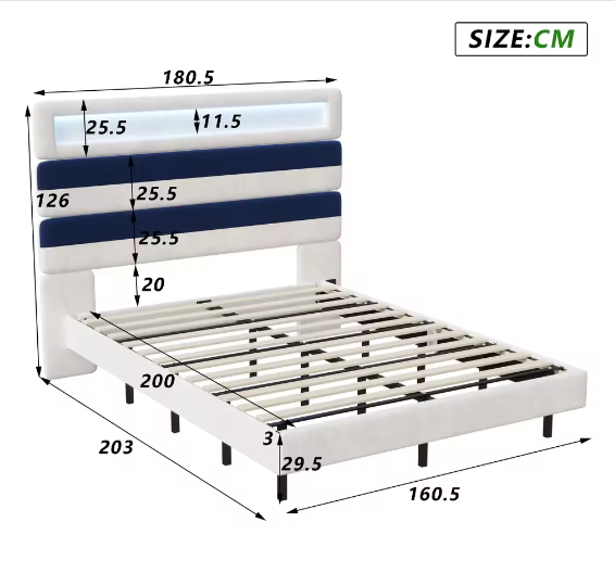 Tweepersoonsbed 160x200 cm met Verlichting, Gestoffeerd Hoofdbord en Opberglades