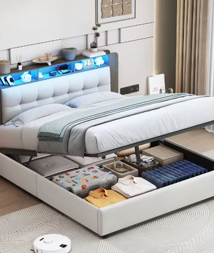 Gestoffeerd Tweepersoons Opbergbed 140–160x200 cm met LED, USB en Hydraulisch Systeem