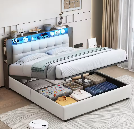 Gestoffeerd Tweepersoons Opbergbed 140–160x200 cm met LED, USB en Hydraulisch Systeem