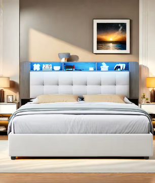 Gestoffeerd Tweepersoons Opbergbed 140–160x200 cm met LED, USB en Hydraulisch Systeem