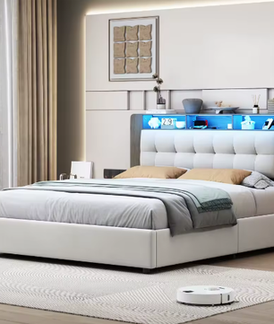 Gestoffeerd Tweepersoons Opbergbed 140–160x200 cm met LED, USB en Hydraulisch Systeem