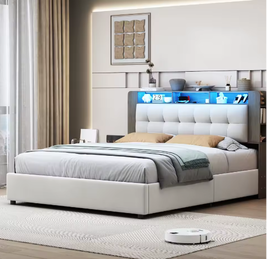 Gestoffeerd Tweepersoons Opbergbed 140–160x200 cm met LED, USB en Hydraulisch Systeem
