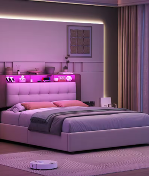 Gestoffeerd Tweepersoons Opbergbed 140–160x200 cm met LED, USB en Hydraulisch Systeem