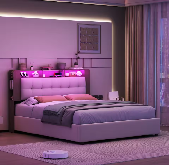 Gestoffeerd Tweepersoons Opbergbed 140–160x200 cm met LED, USB en Hydraulisch Systeem