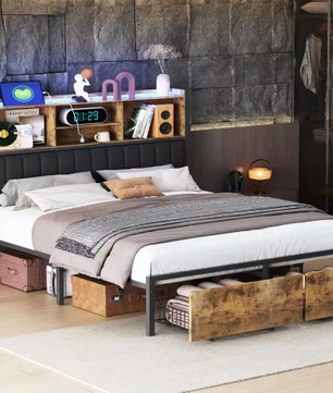Houten Tweepersoons Bedframe met LED, PU-Hoofdbord en 2 Opberglades