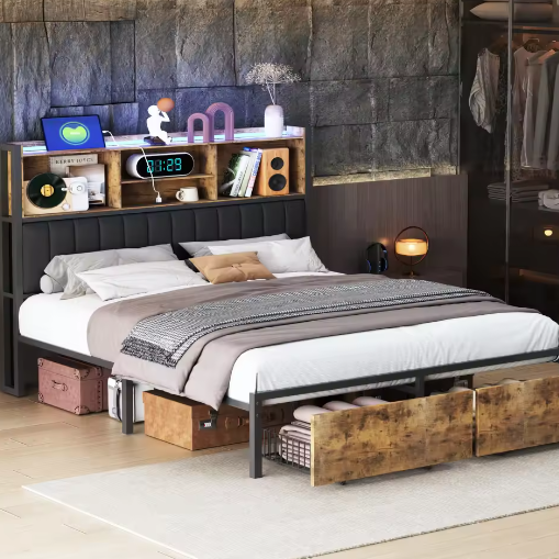 Houten Tweepersoons Bedframe met LED, PU-Hoofdbord en 2 Opberglades