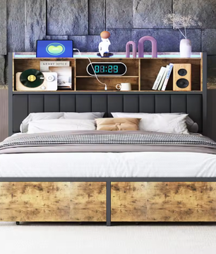 Houten Tweepersoons Bedframe met LED, PU-Hoofdbord en 2 Opberglades