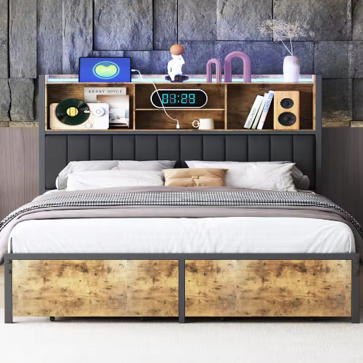 Houten Tweepersoons Bedframe met LED, PU-Hoofdbord en 2 Opberglades