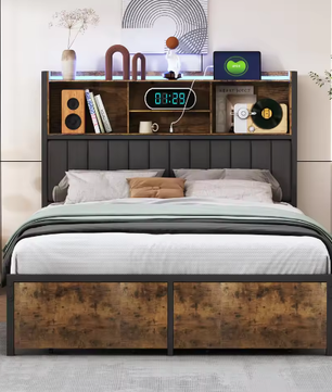 Houten Tweepersoons Bedframe met LED, PU-Hoofdbord en 2 Opberglades