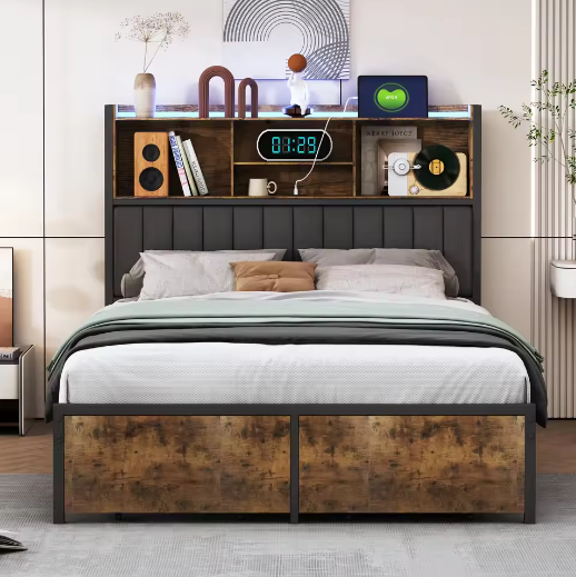 Houten Tweepersoons Bedframe met LED, PU-Hoofdbord en 2 Opberglades