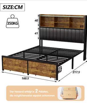 Houten Tweepersoons Bedframe met LED, PU-Hoofdbord en 2 Opberglades