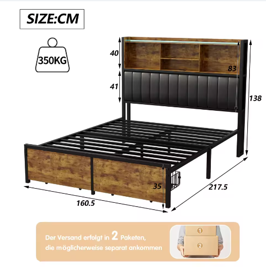 Houten Tweepersoons Bedframe met LED, PU-Hoofdbord en 2 Opberglades