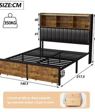 Houten Tweepersoons Bedframe met LED, PU-Hoofdbord en 2 Opberglades