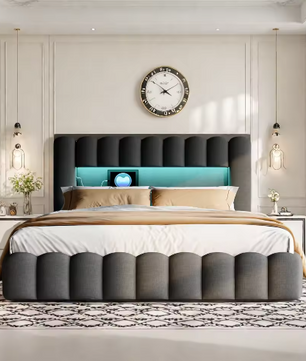 Gestoffeerd Opbergbed met LED, USB en Hydraulische Lattenbodem