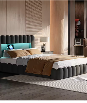 Gestoffeerd Opbergbed met LED, USB en Hydraulische Lattenbodem