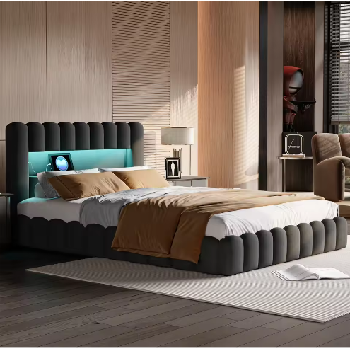 Gestoffeerd Opbergbed met LED, USB en Hydraulische Lattenbodem