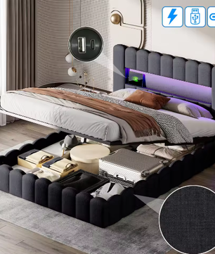 Gestoffeerd Opbergbed met LED, USB en Hydraulische Lattenbodem