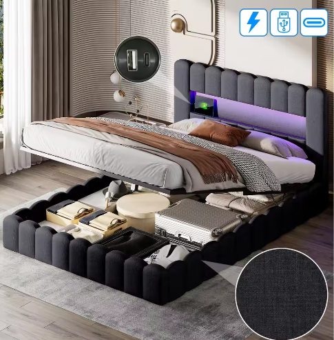 Gestoffeerd Opbergbed met LED, USB en Hydraulische Lattenbodem