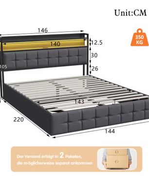Multifunctioneel Tweepersoonsbed – LED, USB en Hydraulische Opbergruimte 140/160x200 cm