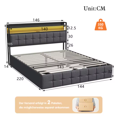 Multifunctioneel Tweepersoonsbed – LED, USB en Hydraulische Opbergruimte 140/160x200 cm