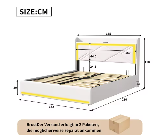 Multifunctioneel Tweepersoonsbed 160x200 cm – PU, LED en USB