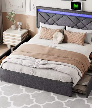 Diepgrijs Linnen Gestoffeerd Tweepersoonsbed – Opbergbed met 4 Lades, LED en USB-Oplaadfunctie