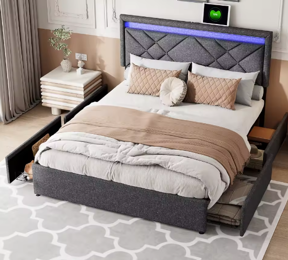 Diepgrijs Linnen Gestoffeerd Tweepersoonsbed – Opbergbed met 4 Lades, LED en USB-Oplaadfunctie