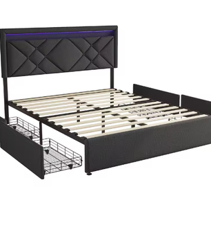 Diepgrijs Linnen Gestoffeerd Tweepersoonsbed – Opbergbed met 4 Lades, LED en USB-Oplaadfunctie