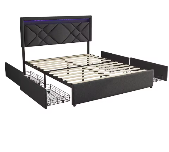 Diepgrijs Linnen Gestoffeerd Tweepersoonsbed – Opbergbed met 4 Lades, LED en USB-Oplaadfunctie
