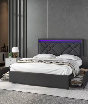 Diepgrijs Linnen Gestoffeerd Tweepersoonsbed – Opbergbed met 4 Lades, LED en USB-Oplaadfunctie