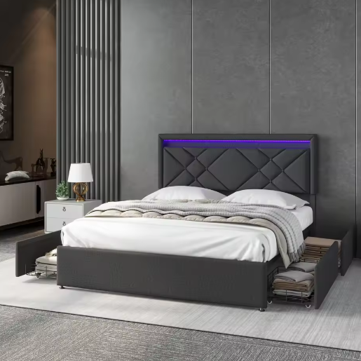 Diepgrijs Linnen Gestoffeerd Tweepersoonsbed – Opbergbed met 4 Lades, LED en USB-Oplaadfunctie
