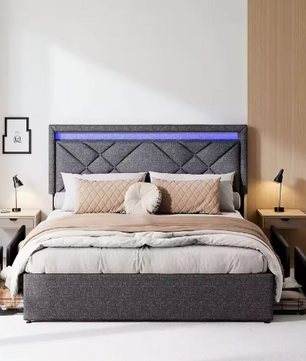 Diepgrijs Linnen Gestoffeerd Tweepersoonsbed – Opbergbed met 4 Lades, LED en USB-Oplaadfunctie