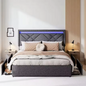 Diepgrijs Linnen Gestoffeerd Tweepersoonsbed – Opbergbed met 4 Lades, LED en USB-Oplaadfunctie