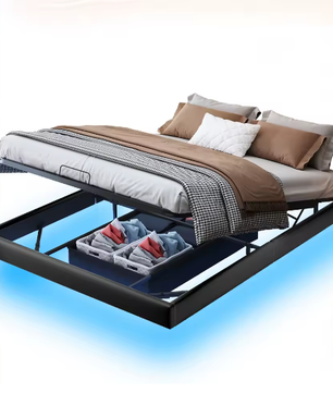 LED Gestoffeerd Tweepersoonsbed – Zwevend Design met Opbergruimte en Lattenbodem