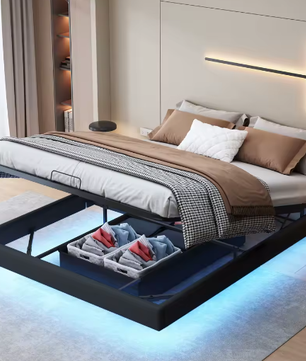 LED Gestoffeerd Tweepersoonsbed – Zwevend Design met Opbergruimte en Lattenbodem