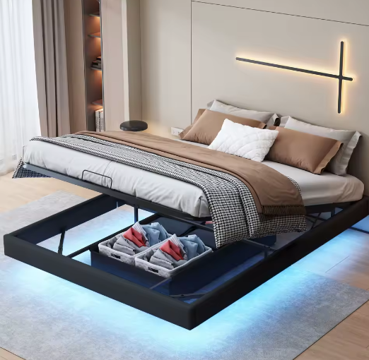 LED Gestoffeerd Tweepersoonsbed – Zwevend Design met Opbergruimte en Lattenbodem