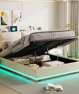 Beige Gestoffeerd Tweepersoons Opbergbed 140x200cm – LED en USB Poort