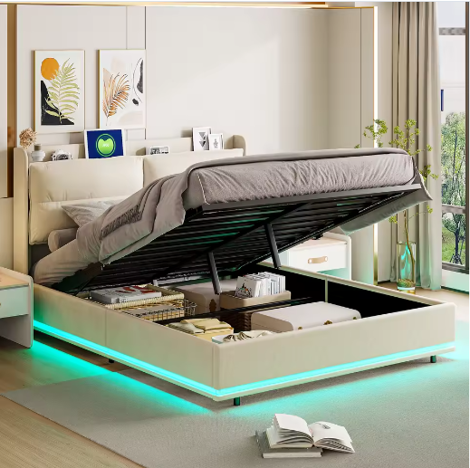 Beige Gestoffeerd Tweepersoons Opbergbed 140x200cm – LED en USB Poort