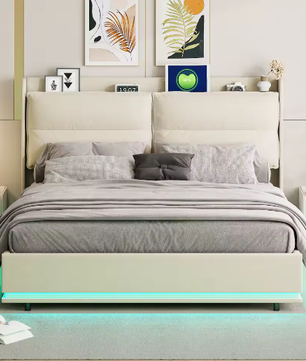 Beige Gestoffeerd Tweepersoons Opbergbed 140x200cm – LED en USB Poort