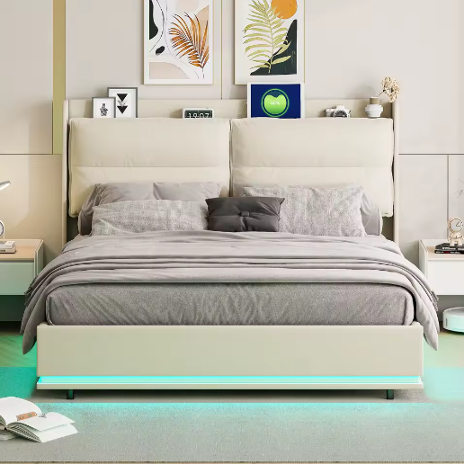 Beige Gestoffeerd Tweepersoons Opbergbed 140x200cm – LED en USB Poort