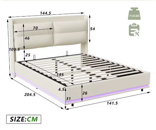 Beige Gestoffeerd Tweepersoons Opbergbed 140x200cm – LED en USB Poort